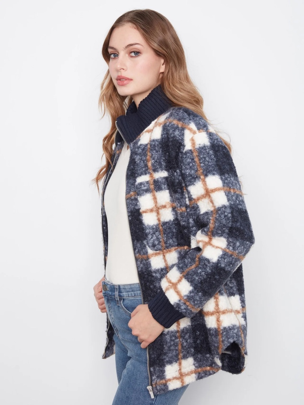 CHARLIE B Plaid Zip-Front Cardigan Jacket in Navy, Cream & Tan